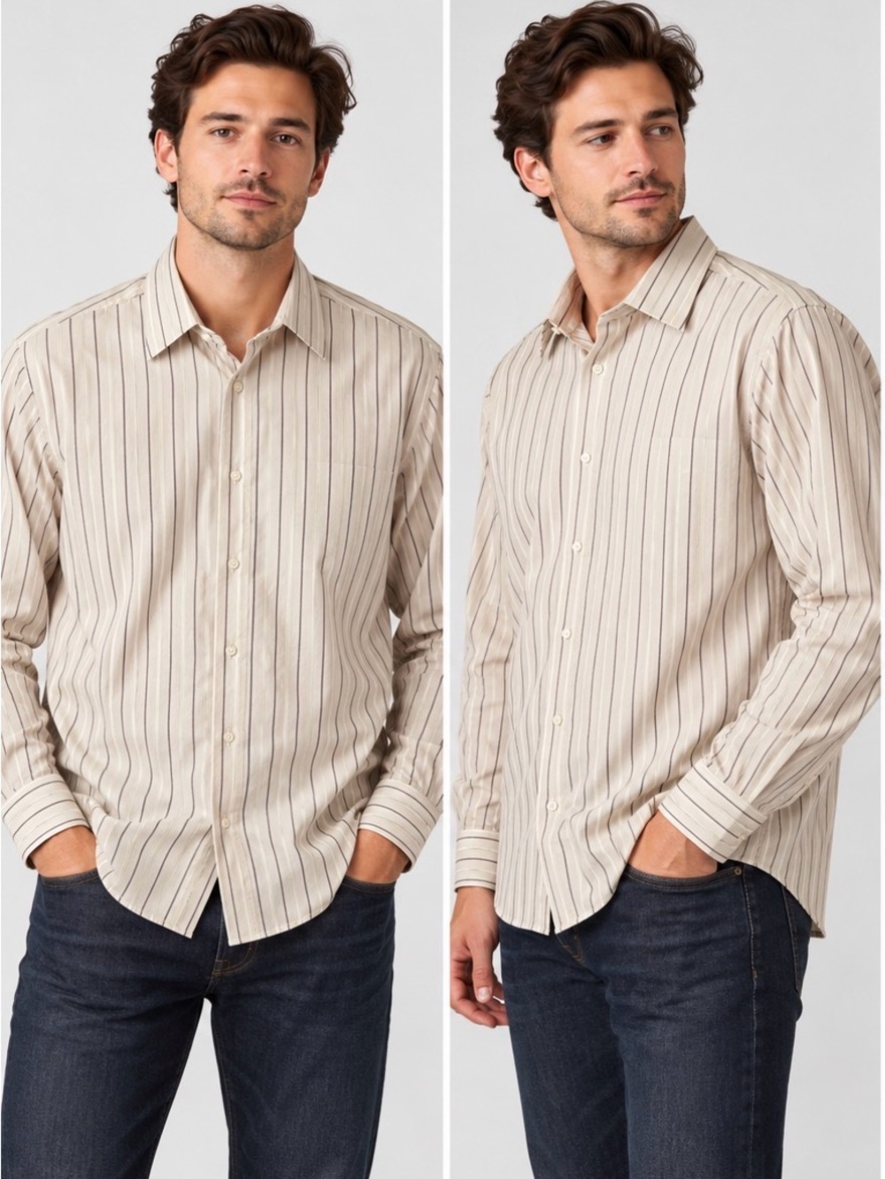 Calvin Klein Beige Stripe Button-Down Shirt 16.5 34/35 100% Cotton Minimalist